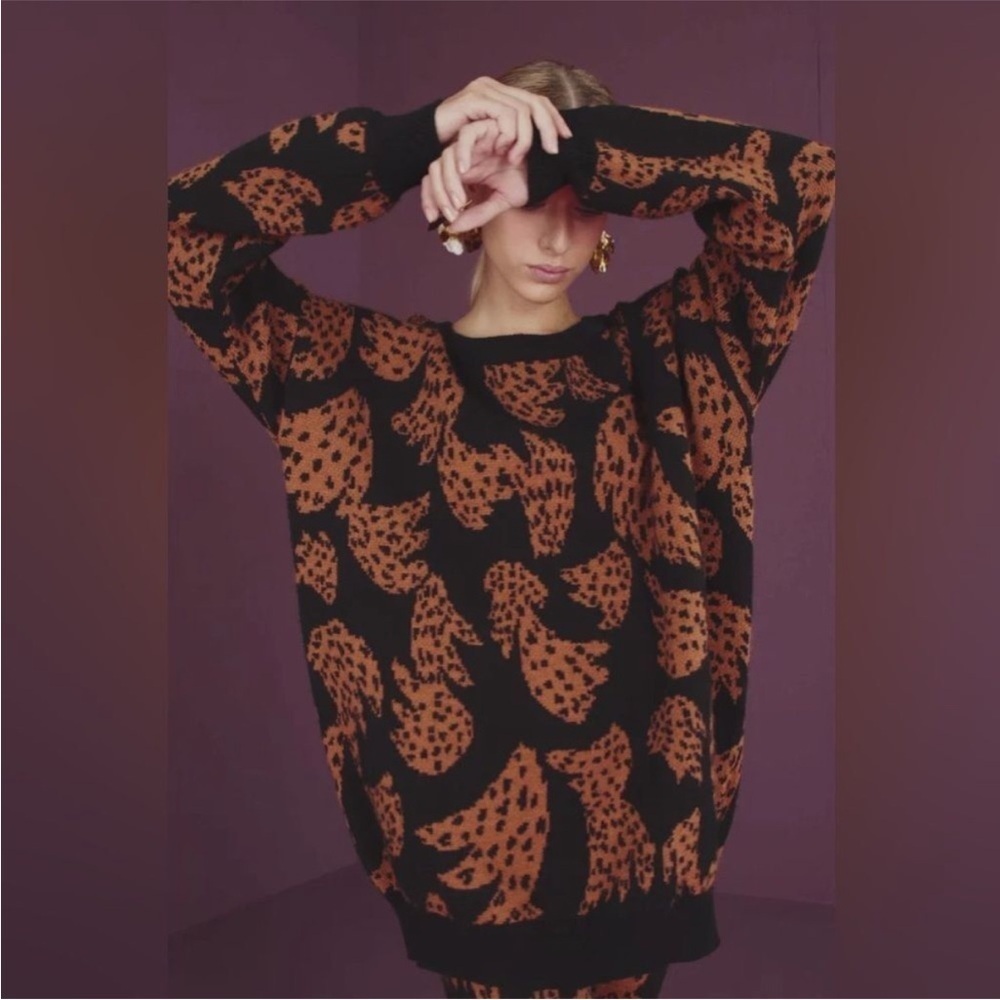 FARM Rio Women’s Black Brown Bananica Intarsia Crewneck Oversized Sweater XS - Picture 2 of 16